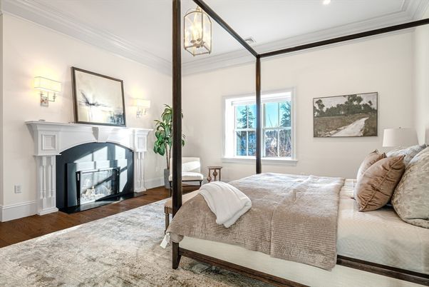 Bedroom, Fireplace, Interior, Recessed Lighting, Wood Texture Flooring