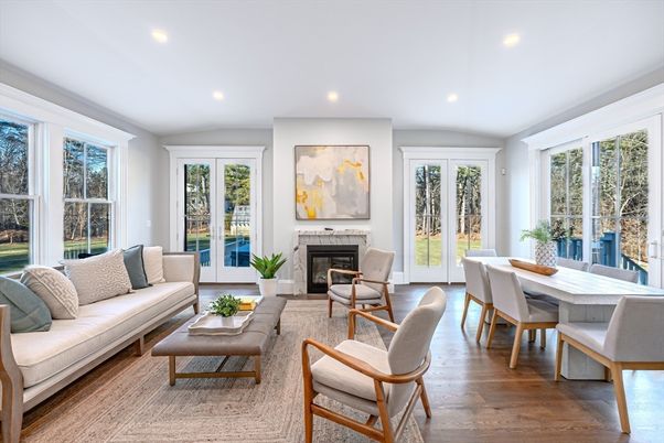 Dining room, Fireplace, Interior, Living room, Recessed Lighting, Wood Texture Flooring