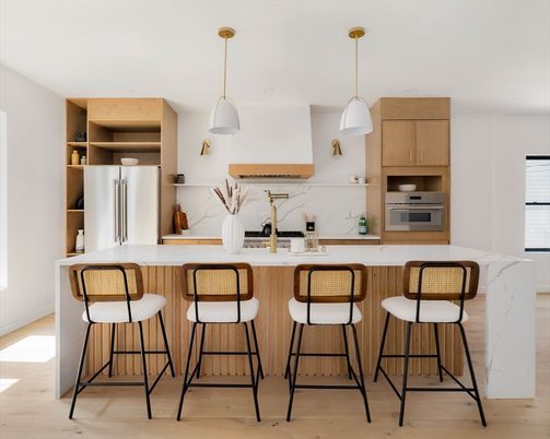 Interior, Kitchen, Marble Walls, Pendant Lights, Stainless Steel Appliances, Wood Texture Flooring