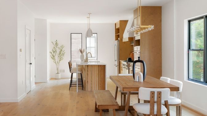 Dining room, Interior, Kitchen, Pendant Lights, Wood Texture Flooring