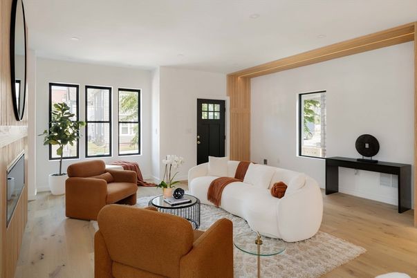 Fireplace, Interior, Living room, Recessed Lighting, Wood Texture Flooring