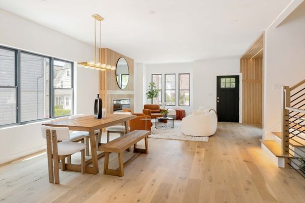 Dining room, Fireplace, Interior, Living room, Pendant Lights, Wood Texture Flooring