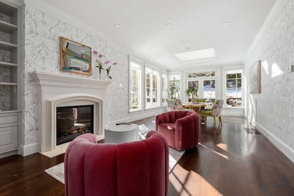 Dining room, Fireplace, Interior, Living room, Recessed Lighting, Wood Texture Flooring