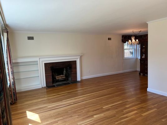 Chandelier, Empty room, Fireplace, Interior, Wood Texture Flooring