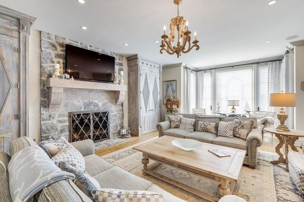 Chandelier, Fireplace, Interior, Living room, Recessed Lighting, Wood Texture Flooring