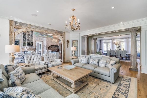 Chandelier, Dining room, Interior, Living room, Recessed Lighting, Stone Walls, Wood Texture Flooring