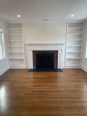 Empty room, Fireplace, Interior, Recessed Lighting, Wood Texture Flooring