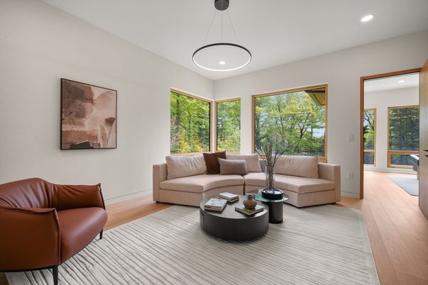 Interior, Living room, Pendant Lights, Recessed Lighting, Wood Texture Flooring