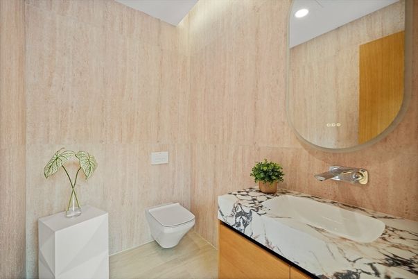 Bathroom, Interior, Recessed Lighting, Wood Texture Flooring
