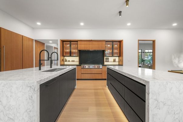Interior, Kitchen, Marble Walls, Recessed Lighting, Wood Texture Flooring