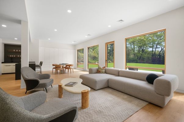 Dining room, Interior, Living room, Recessed Lighting, Wood Texture Flooring
