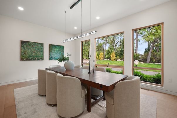 Dining room, Interior, Pendant Lights, Recessed Lighting, Wood Texture Flooring