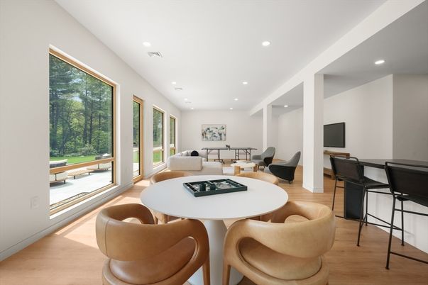 Dining room, Game Room, Interior, Recessed Lighting, Wood Texture Flooring