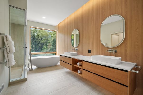 Bathroom, Dual Sink Vanities, Free Standing Baths, Glass Shower, Interior, Recessed Lighting, Wooden Walls