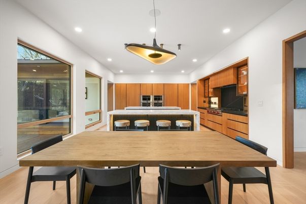 Dining room, Interior, Kitchen, Pendant Lights, Recessed Lighting, Wood Texture Flooring