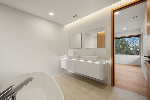Bathroom, Dual Sink Vanities, Free Standing Baths, Interior, Recessed Lighting, Wood Texture Flooring
