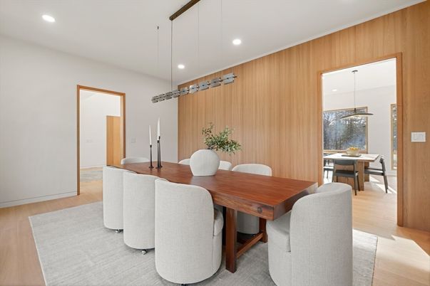 Dining room, Interior, Pendant Lights, Recessed Lighting, Wood Texture Flooring, Wooden Walls