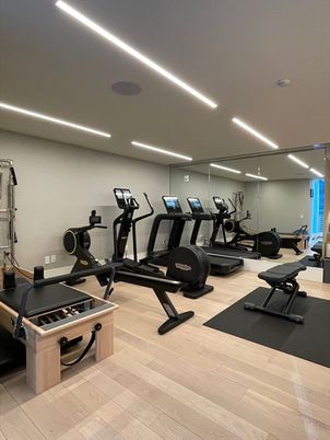 Fitness Equipment, Gym, Interior, Recessed Lighting, Wood Texture Flooring