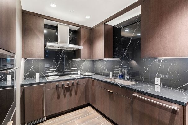 Interior, Kitchen, Marble Walls, Recessed Lighting, Wood Texture Flooring