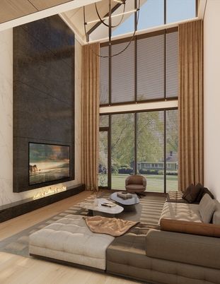 Fireplace, Interior, Living room, Marble Walls, Pendant Lights, Wood Texture Flooring