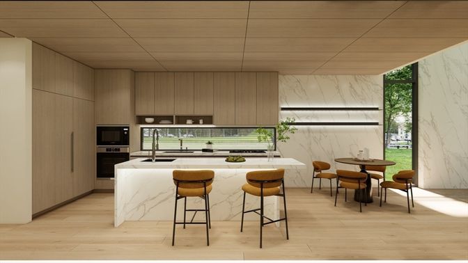 Dining room, Interior, Kitchen, Marble Walls, Stainless Steel Appliances, Wood Texture Flooring