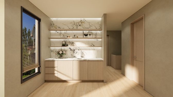 Interior, Marble Walls, Wood Texture Flooring