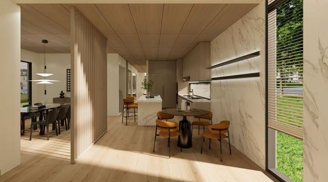 Dining room, Interior, Kitchen, Marble Walls, Pendant Lights, Wood Texture Flooring
