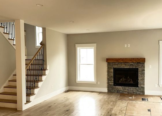 Empty room, Fireplace, Interior, Recessed Lighting, Wood Texture Flooring