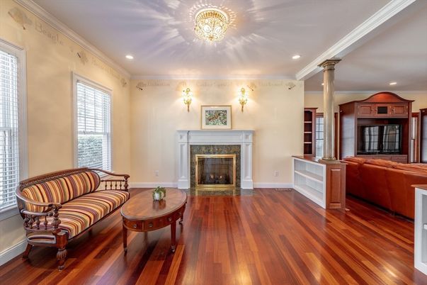 Fireplace, Interior, Living room, Recessed Lighting, Wood Texture Flooring
