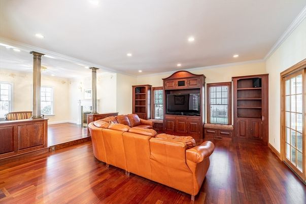 Fireplace, Interior, Living room, Recessed Lighting, Wood Texture Flooring