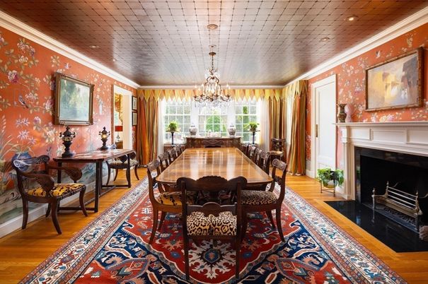Chandelier, Dining room, Fireplace, Interior, Recessed Lighting, Wood Texture Flooring