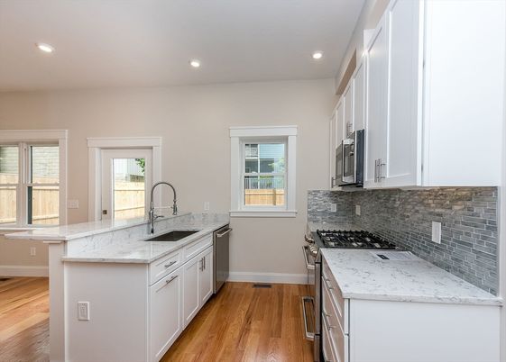 Interior, Kitchen, Recessed Lighting, Stainless Steel Appliances, Wood Texture Flooring