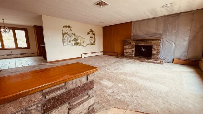 Chandelier, Empty room, Fireplace, Interior, Recessed Lighting