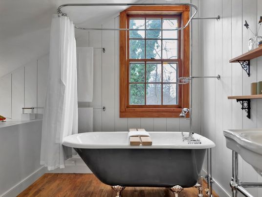 Bathroom, Free Standing Baths, Interior, Wood Texture Flooring