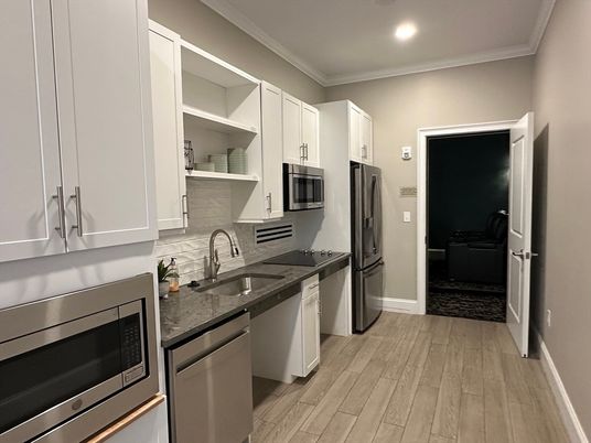 Interior, Kitchen, Recessed Lighting, Stainless Steel Appliances, Wood Texture Flooring