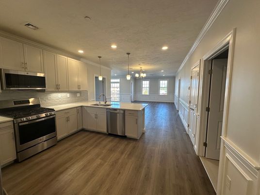 Chandelier, Interior, Kitchen, Pendant Lights, Recessed Lighting, Stainless Steel Appliances, Wood Texture Flooring