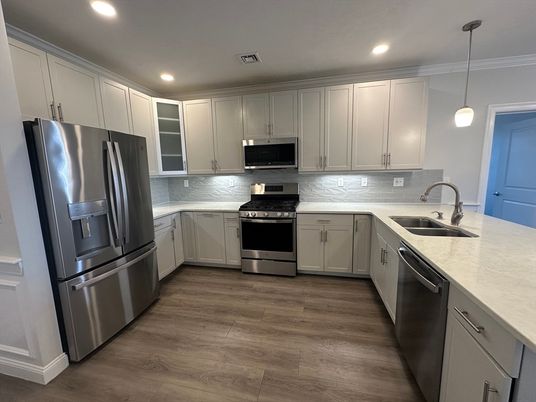 Interior, Kitchen, Pendant Lights, Recessed Lighting, Stainless Steel Appliances, Wood Texture Flooring