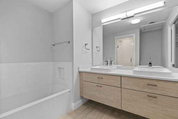 Bathroom, Dual Sink Vanities, Interior, Wood Texture Flooring