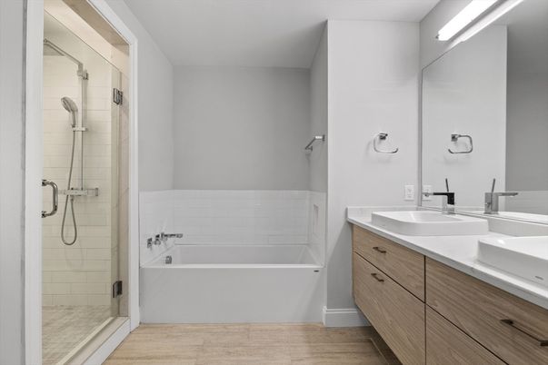 Bathroom, Dual Sink Vanities, Glass Shower, Interior, Wood Texture Flooring