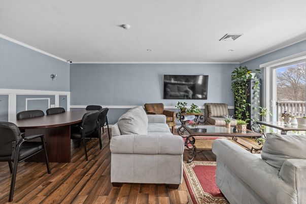 Dining room, Interior, Living room, Recessed Lighting, Wood Texture Flooring