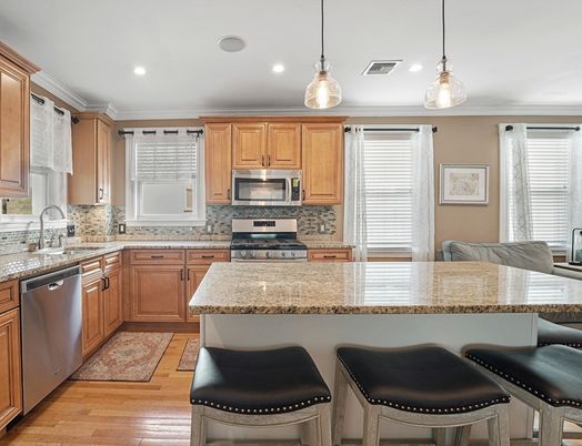 Interior, Kitchen, Pendant Lights, Recessed Lighting, Stainless Steel Appliances, Wood Texture Flooring