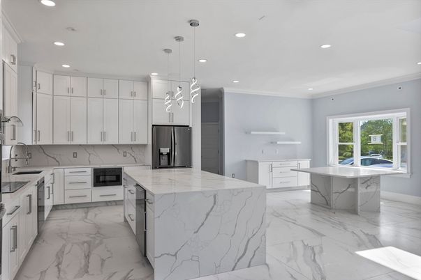 Interior, Kitchen, Marble, Pendant Lights, Recessed Lighting, Stainless Steel Appliances