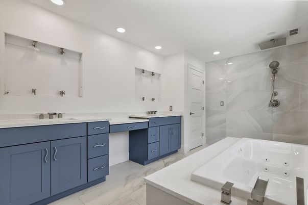 Bathroom, Dual Sink Vanities, Interior, Marble, Marble Walls, Recessed Lighting