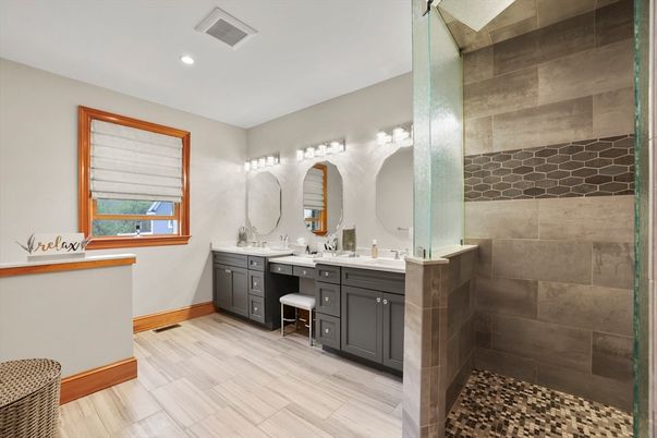 Bathroom, Dual Sink Vanities, Interior, Recessed Lighting, Wood Texture Flooring