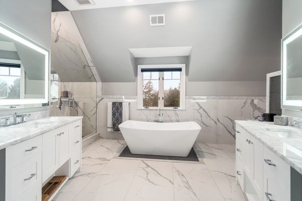 Bathroom, Dual Sink Vanities, Free Standing Baths, Interior, Marble, Marble Walls, Recessed Lighting