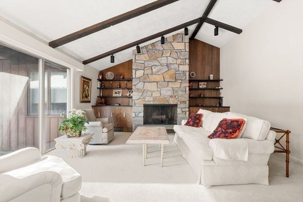 Fireplace, Interior, Living room, Stone Walls, Wooden Beams