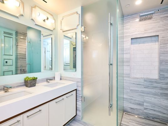 Bathroom, Dual Sink Vanities, Glass Shower, Interior, Recessed Lighting, Wood Texture Flooring