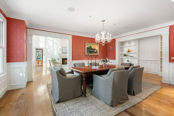 Chandelier, Dining room, Fireplace, Interior, Living room, Recessed Lighting, Wood Texture Flooring