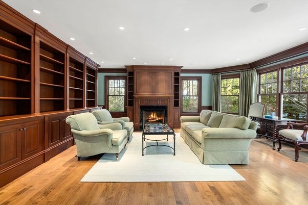 Fireplace, Home Office, Interior, Living room, Recessed Lighting, Wood Texture Flooring