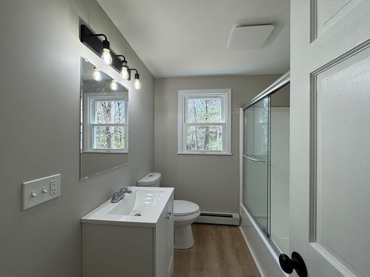 Bathroom, Glass Shower, Interior, Wood Texture Flooring